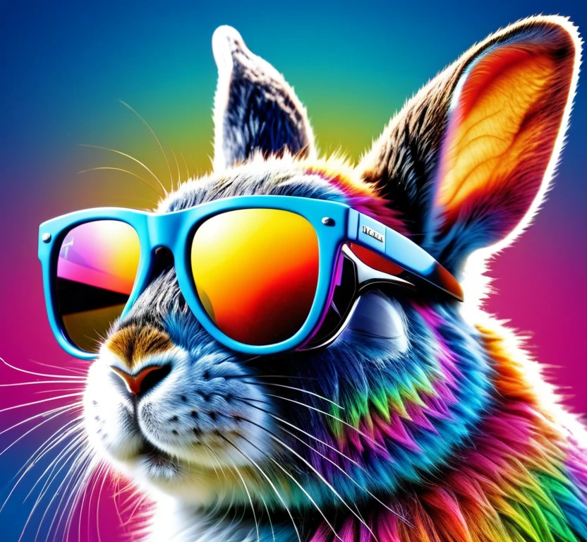 Psychedelic rabbit, sunglasses, cool rabbit, album cover, colorful, trippy, angled perspective