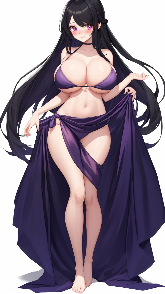 1girl, very tall, thin, masterpiece, very aesthetic, long hair, looking at viewer, blush,  (top round ), :), trikini, swept bangs, purple eye, standing, (full body), black hair, long legs,  feet, sarong wrap skirt, thigh gap, white background