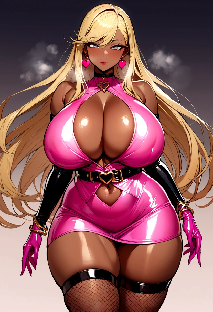 (masterpiece, best quality:1.2), cowboy shot, solo, 1girl, whore outfit, (dark skin), very dark skin, arisugawa natsuha, earrings, grey eyes, swept bangs, very Long hair, long eyelashes, makeup, (blonde hair:1.2), mature female, gigantic breast, (huge breasts:1.2), cleavage, navel, (thick thighs), wide hips,
tight, skin tight, heavy breathing, waist cutout, bodycon, microdress, (pink dress), cleavage, thighs, pink latex, shiny clothes, fishnet thighhighs, looking at viewer, bare shoulders, elbow gloves, belt choker, bracelet, earrings, jewelry, golden chain, heart shape, oily skin,