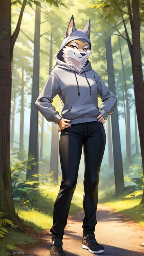 ((Furry)), Solo, Female, Porsha Crystal, (Detailed background), Forest background, Leaning against tree, (Grey hoodie, Black pants), Placing hands on hips, Smirking