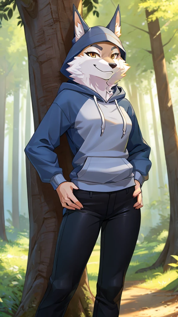 ((Furry)), Solo, Female, Porsha Crystal, (Detailed background), Forest background, Leaning against tree, (Grey hoodie, Black pants), Placing hands on hips, Smirking