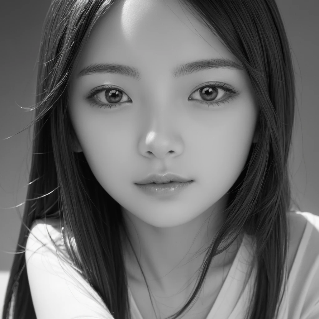 ((Surreal portrait))、(Draw in detail with a pencil)、(Black and White)、Beautiful Japanese Woman、Face Focus、Shiny Hair、18-year-old、