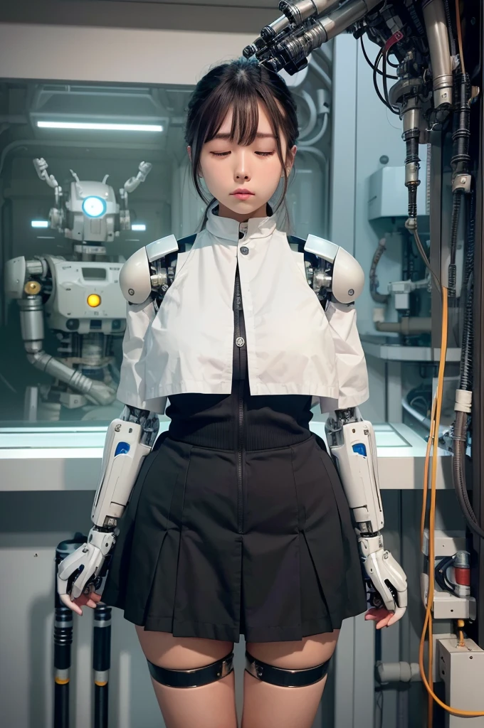 masterpiece, best quality, extremely detailed, Japaese android girl,Plump , control panels,android,Droid,Mechanical Hand, Robot arms and legs,Blunt bangs,perfect robot girl,long tube,thick cable connected her neck,android,robot,humanoid,cyborg,japanese cyborg girl ,future laboratory,robot laboratory,maintenance,connecting a cable between the legs,skirt, She is charging now,(sleep mode:1.5)(closing eyes:1.5)
