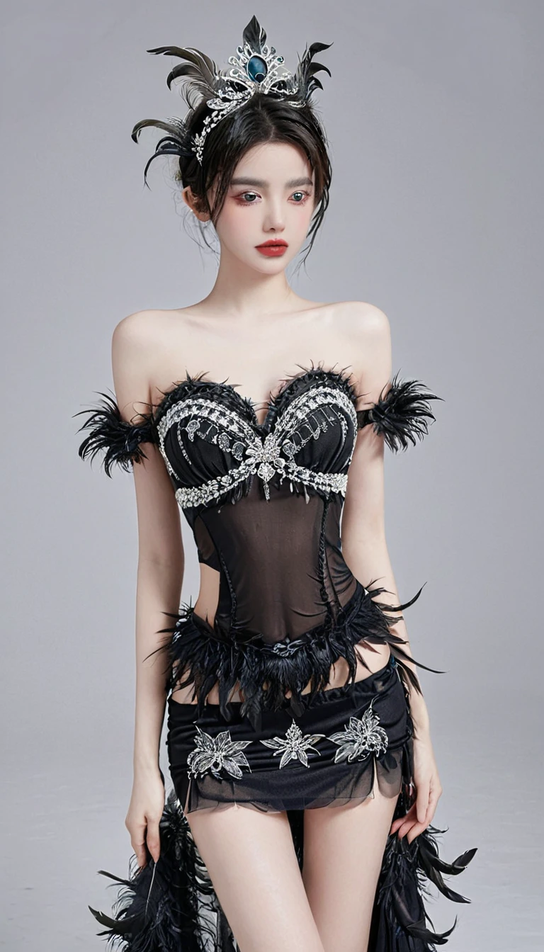 ((night)), Midnight black glamorous evening dress, Intricate lace pattern decorated with masquerade masks and feathers. This dress features an off-the-shoulder design and a mermaid silhouette. Tiny, Luminous mask embedded in lace, Add mystery, Charming touch. Feather headdress with miniature mask ornament，Add the finishing touch to the overall look. Glamorous, Very detailed, complicated设计, Whimsical light, complicated, Reality, masterpiece, high quality, Ultra Detailed, 8K, Volumetric Lighting, Dramatic shadows, 裙子上有complicated褶皱, Luxurious fabrics, Radiant Skin, captivatingexpression, detailed jewellery, Dramatic pose, Elegant hairstyle, Color, High-end fashion photography