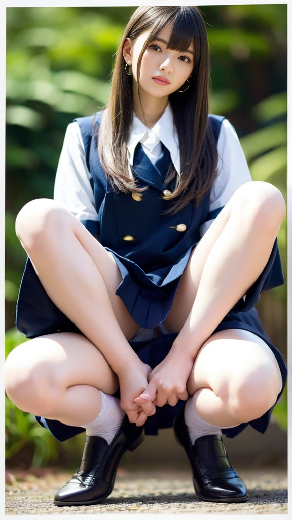 Dark blue high socks　Magic Mix Real、(Raw photo:1.2)、(Photorealistic:1.4)、The beauty of beautiful details　Delicate expression、Blonde、(( are visible))(Squatting panchira)Earrings　Eyelashes　Beautiful and fine details、Large file size、Ultra-detailed、High resolution、Transcendental beauty　Highest quality、masterpiece、、(Japanese high school girls uniform))、Extremely detailed representation　 grow、In detail、Highly detailed  cinematic lighting、17-year-old girl、Positive、((Dynamic Pose)))、(Sit with your knees bent))、Pleated skirt、blazer、 upward glance、、Strong bite、White pant-word、濡れてる、に光が当たる、Thin thighs、(にピントを合わせる)、smile、(Spread your :1.5)、