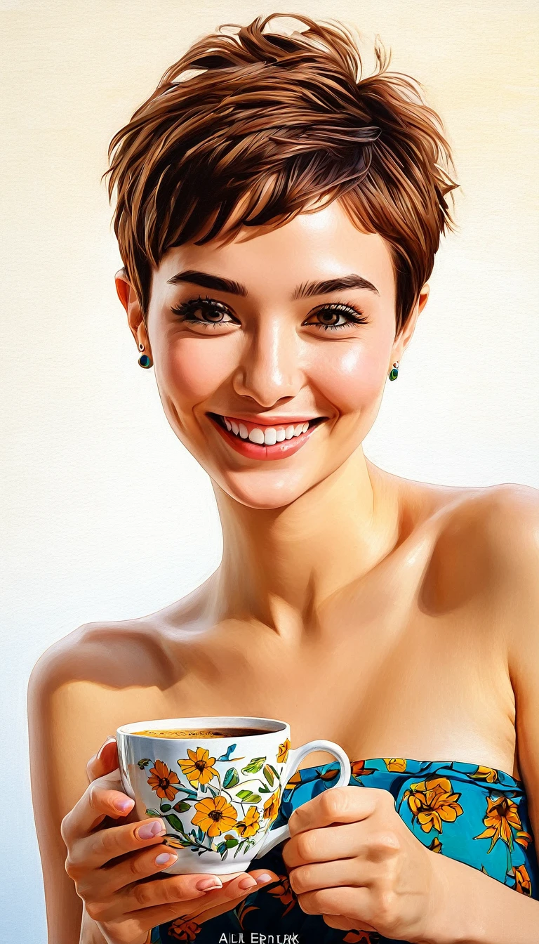 creates a woman smiling short hair pixie , Flores, yuna cup of coffee masterpiece, estilo illustration de Ali Erturk, high detail, hyperrealistic, natural light,illustration , Bright colors