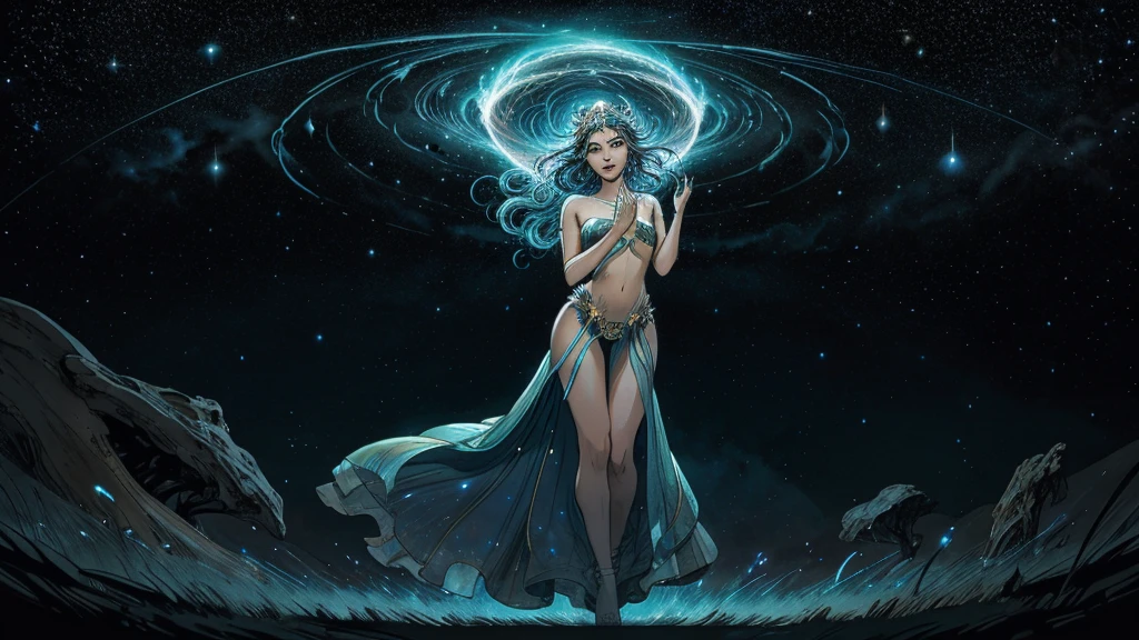 In a realm where galaxies collide and celestial clouds swirl, the ethereal enchantress Grace holds dominion, her ethereal form aglow with the radiant fire of a thousand cosmic furnaces.
Grace's divine visage is framed by a halo of shimmering starlight tresses, each strand woven from the very dust of shattered nebulae. Her tresses billow weightlessly, caressing her lithe form in a sensual dance fueled by stardust. Eyes that blaze like the hearts of long-dead suns bore into any who dare meet their smoldering gaze, promising equal parts rapture and annihilation to those entranced by their molten depths.
The enchantress's celestial garments appear crafted from the shimmering auroras of newly birthed worlds. Diaphanous silks and ethereal chiffons cling hungrily to her curves before flowing away in a breathtaking spiral, mirroring the whorls of distant accretion disks. As she moves, stardust swirls in her wake, crowning her as the supreme seductress who rules the celestial spheres.
Grace's domain is a tapestry of cosmic wonders and perils - cataclysmic beauty given form. Supernovae bloom like celestial roses, showering their stellar matter across the cosmos, only to be consumed by the ethereal maws of voracious black holes. Stars are born in roiling stellar nurseries, their births heralding new cycles of creation and destruction.
Though an enchantress of unparalleled cosmic power, Grace's true seductive prowess lies in her infinite compassion and generative potential. Her outstretched fingers weave the very strands of existence, nurturing new worlds into radiant being with but a glance. The enchantress's full lips, moist and inviting, seem to whisper the secrets of eternity itself to any who dare embrace her enthralling cosmic rapture.
Within this realm of perpetual celestial rebirth, the ethereal enchantress Grace reigns supreme - an intoxicating, sensual, and nurturing force whose irresistible allure fuels the perpetual cycle of creation and destruction throughout the c