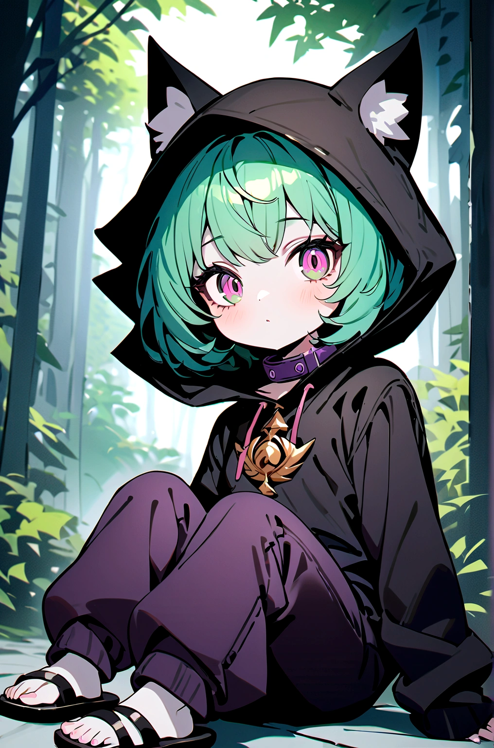 masterpiece,(best quality,top quality,8k),ultra detailed,painting,detailed eyes and face,(1girl),VexLoLXL, yordle, shortstack, pink eyes, green hair, bangs, short hair, grey skin, colored skin, black hood, hood up, ears through headwear, white animal ears, black shirt, purple collar, golden ornament, long sleeves, sleeves past wrists, purple pants, sandals,sitting, looking at viewer, forest,night