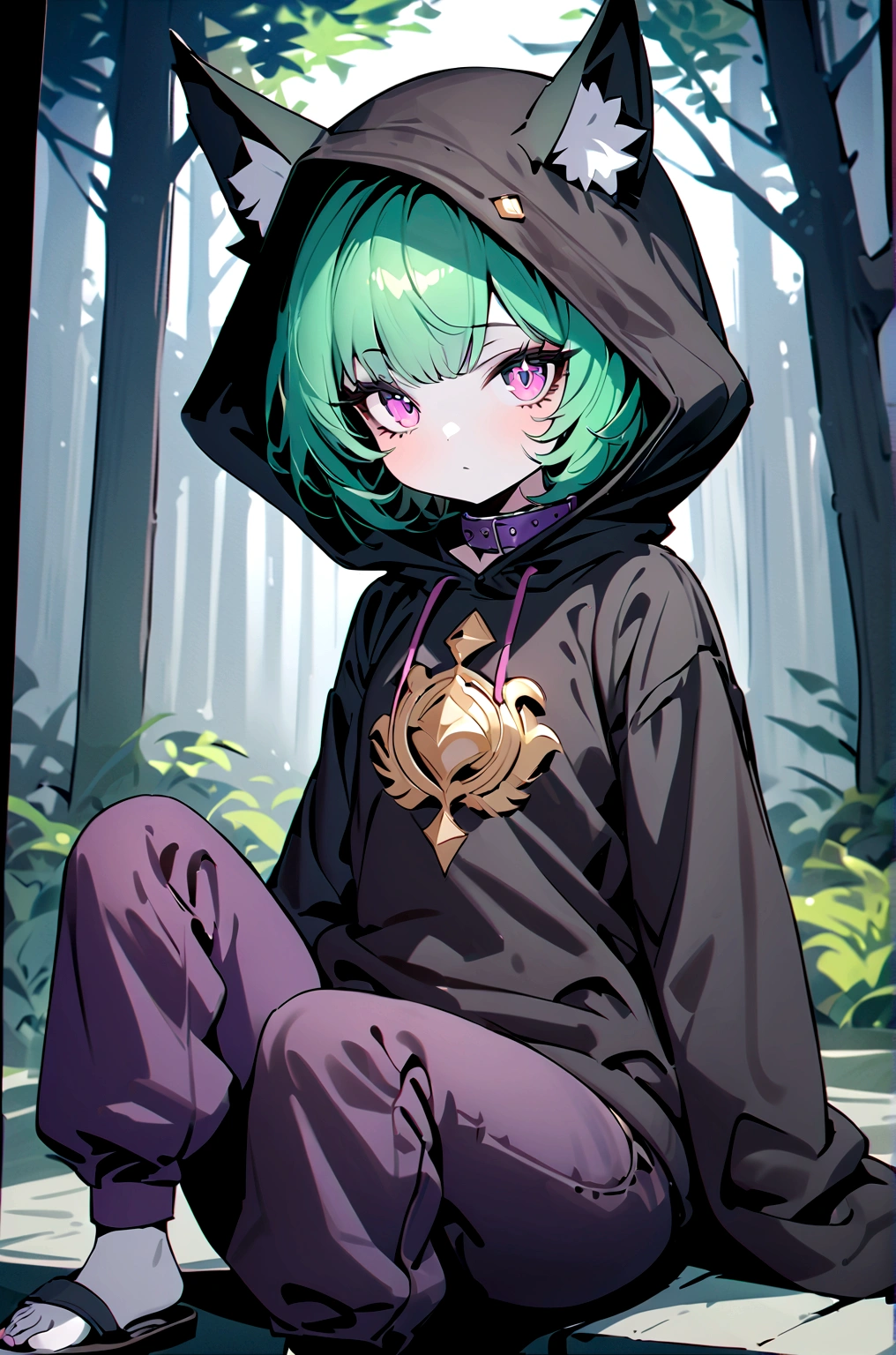 masterpiece,(best quality,top quality,8k),ultra detailed,painting,detailed eyes and face,(1girl),VexLoLXL, yordle, shortstack, pink eyes, green hair, bangs, short hair, grey skin, colored skin, black hood, hood up, ears through headwear, white animal ears, black shirt, purple collar, golden ornament, long sleeves, sleeves past wrists, purple pants, sandals,sitting, looking at viewer, forest,night