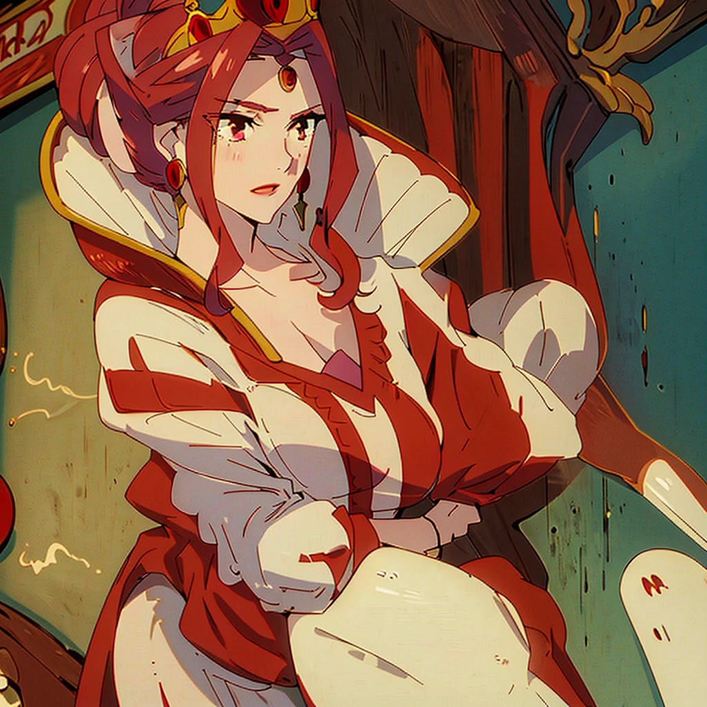 Women, long white hair,pale skin, Red eyes, red painted lips,a loose white dress.