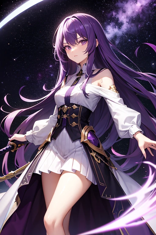 tall girl, Skinny body, long hair, purple hair, purple eyes, crazy dress, defined hands, defined face, White shirt, skirt with three stars, Galaxy, sword in hand