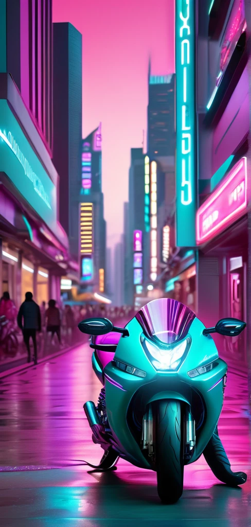 ((masterpiece, better quality)),illustration,ultra detailed 8k,photorealistic,sharp focus,very detailed,professional lighting,colorful details,iridescent lights, cyber city, neon lights, pink and teal colors, motor bikes