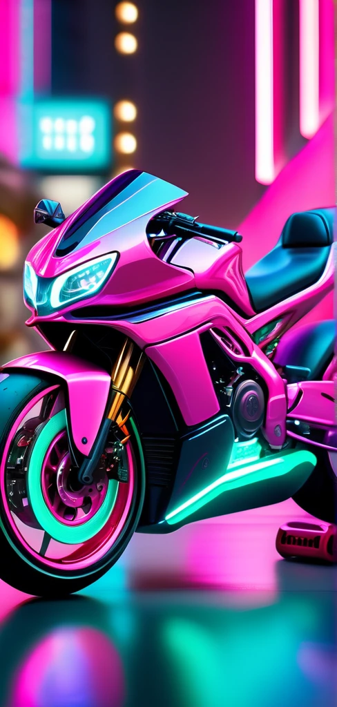 ((masterpiece, better quality)),illustration,ultra detailed 8k,photorealistic,sharp focus,very detailed,professional lighting,colorful details,iridescent lights, cyber city, neon lights, pink and teal colors, motor bikes
