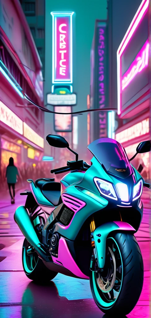 ((masterpiece, better quality)),illustration,ultra detailed 8k,photorealistic,sharp focus,very detailed,professional lighting,colorful details,iridescent lights, cyber city, neon lights, pink and teal colors, motor bikes