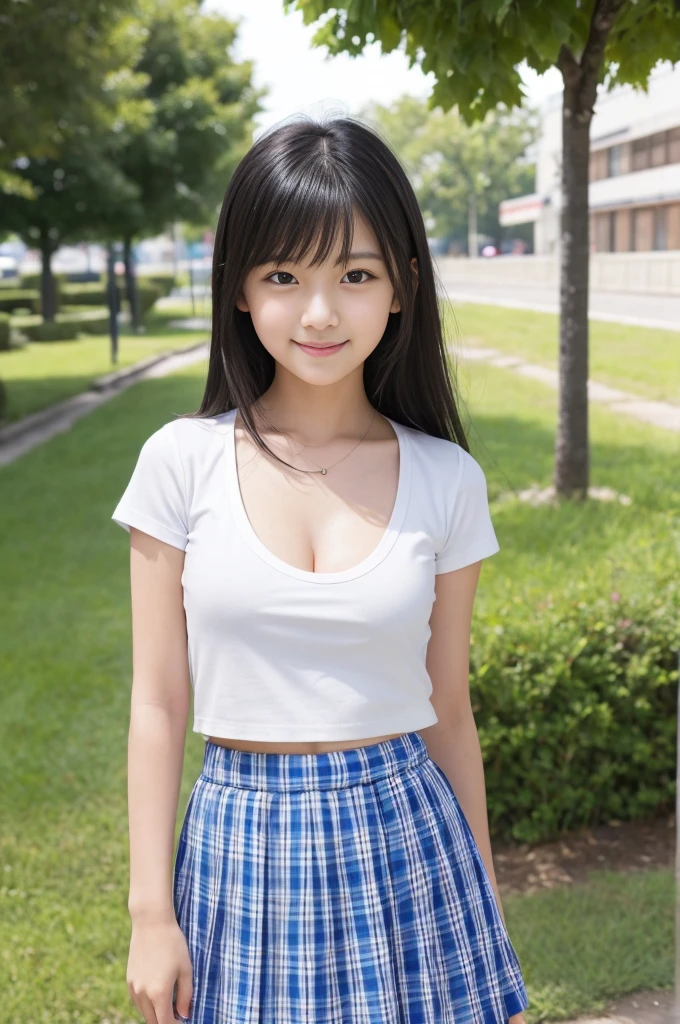 (8K),(masterpiece),(Japanese),(8-year-old girl),((Innocent look)),((Childish)),From the front and above,smile,cute,Innocent,Kind eyes,Plain T-shirt,Short sleeve,Blue checked short skirt,semi-long,Hair blowing in the wind,Black Hair,Somewhat strong wind,noon,bright,flat_body, low_Teen, very_young, smile, Closed lips, Beautiful attention to detail, thin, small, Junior_expensive_School_student, Outdoor, sunlight, Black Hair, Looking Ahead, girl,No sleeve,belly button,Cleavage,