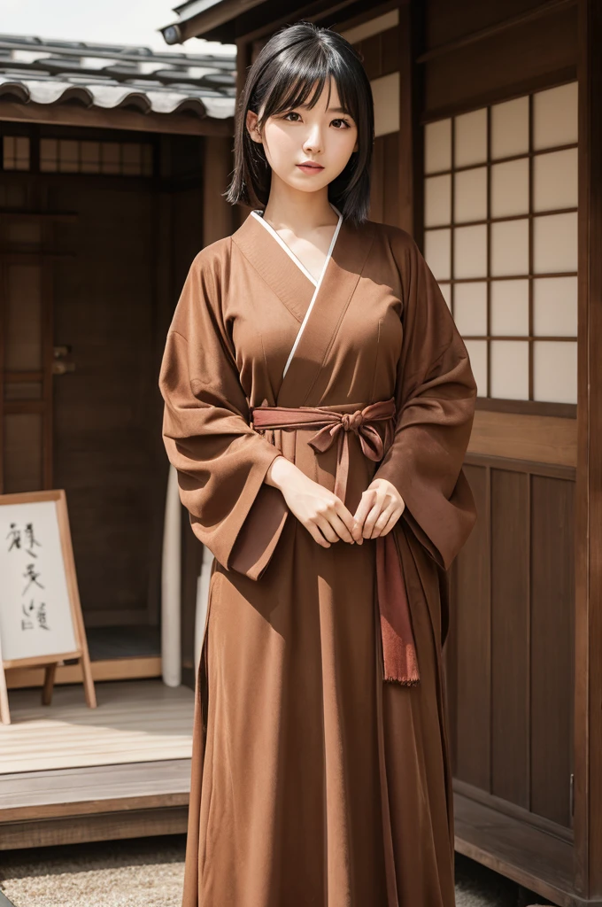 A black-haired Japanese woman wearing a brown, velour, fluttery dress with a haori