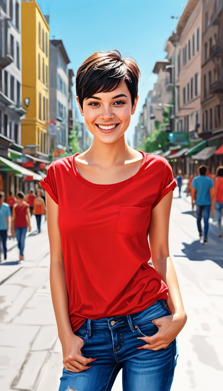 create a smiling girl with dark hair pixie cut with red shirt and jeans in a city in summer style illustration by Ali Erturk, High detail, HyperRealistic, natural light,illustration , bright colors