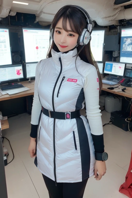 masterpiece, Highest quality, Very detailed, 8K Portrait,Japanese Android Girl,plump , Control panel,Robotic arms and legs, Blunt bangs,,break (Metallic Gray, Metallic er, Mirror finish, Astro Best):5,headphone:5,break (Black sleeves):100,Smart Watches,Futuristic space station,Control Room,break headphone,blue eyes,(Black Hair):2,(Long Hair):1.3,Displaying the viewer,(respirator),break blush:3,Hidden Hand,smile