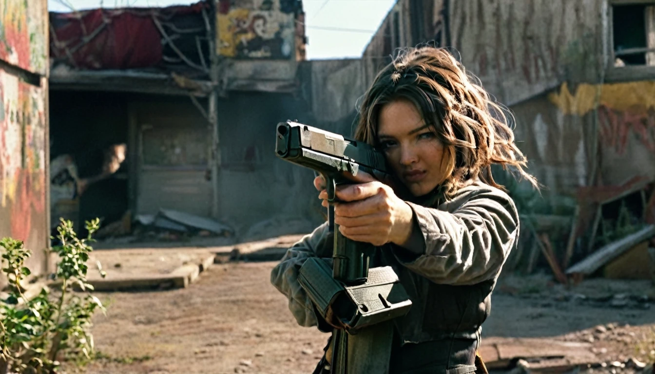 woman with Glock model gun aiming at someone in post-apocalypse world