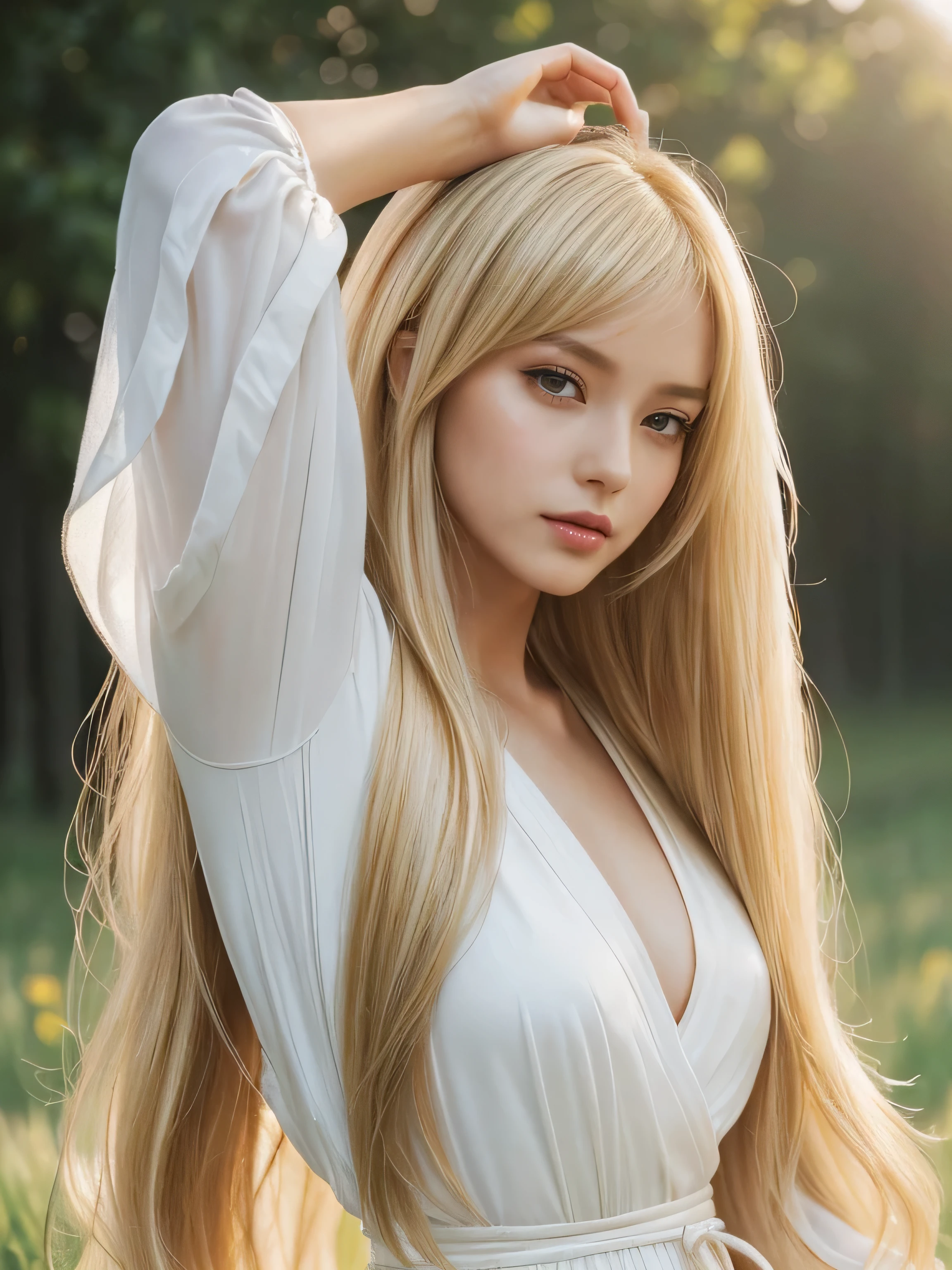 ((Waist up shot)) (She is wearing a gorgeous white Victorian dress..) (This is a European meadow in the 16th century.:1.5) (A gorgeous knight in a fighting pose with his sword:1.5) (Powerful expression) ((Highest quality)), ((masterpiece)), (Get used to it), Perfect Face (1 Girl) (French) (She is 24 years old、The most beautiful French fantasy girls ) ((Her hair is blonde:1.5)) ((Her hair is very wavy!!!)) ((Beautiful fantasy hero with long light blonde hair Very long hair down to the ankles!!!!! Highest quality The finest details long hair to the ankles!!!!!、Very long hair!!!!! It lasts forever:1.3 Flowing Hair!!!!! Very shiny そして thick hair Abnormally long hair that lasts forever!!!!! Flowing hair on both ends!!!!! long hair to the ankles!!!!! long hair to the ankles!!!!! Thick and shiny hair Very free hair Abnormally long hair!!!!! Beautiful silky hair Beautiful and shiny hair Beautiful and shiny hair Beautiful silky hair long hair to the ankles!!!!! Very very, Very long hair!!!!! Very very, Very long hair!!!!!)) (Highest quality The best ultra-fine Reaches up to the knee、Very long hair It lasts forever Flowing Hair Very shiny そして thick hair Abnormally long hair that lasts forever!!!!! Flowing hair on both ends!!!!! long hair to the ankles!!!!! long hair to the ankles!!!!! Thick and shiny hair Very free hair Abnormally long hair!!!!! Beautiful silky hair Super long hair down to the ankles!!!!! Beautiful and shiny hair Beautiful and shiny hair Beautiful silky hair Ankle-length hair Very veryVery long hair!!!!! Very veryVery long hair!!!!!)) (Her bangs are completely cut and parted in the center) (She's sexy, Professional Makeup Lipstick is bright red!!! The eyeliner is a beautiful black) Anatomically correct、Beautiful white human skin and、Detailed illustration of hands and fingers Beautiful Eyes Mouth Details the corners of the mouth rise slightly (Thin lips) good, Anatomically correct hand Anatomically correct five fingers Beautiful French girl face, French facial features Cool look (The eyebrows are dark brown in color) (She has the typical French complexion and build.)