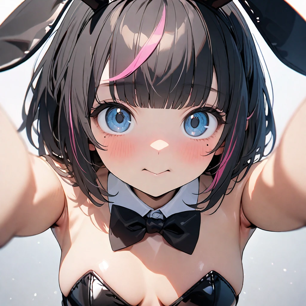 (8K,4K,best quality, master piece: 1.2), super high resolution,1 Beautiful woman,16yo,ultra-detailed face, detailed eyes,mascara,(tareme),(mole under eye),:>,playboy bunny,black leotard,bowtie, wrist cuffs,blunt bangs,fake rabbit ears,(black hair, pink streaked hair),bob cut,looking at viewer,face focus,Plain white background