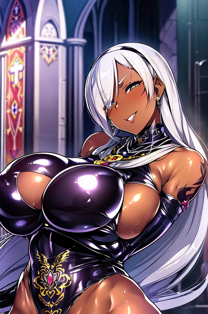 (masterpiece, highest quality, perfect anatomy)1 woman, 25 years old, tall, muscular, dark skin, medium breasts, high muscular definition, muscular, medium silver hair, amber eyes, tattoos (nun outfit, RPG priest, silver jewelry, silver rings, necklace and silver) in a church, bitch smile, flushed face, eyes shining with malice, face of rape