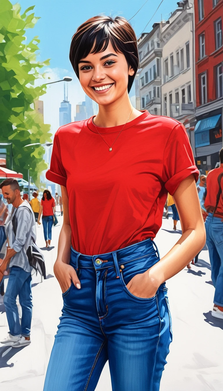 create a smiling girl with dark hair pixie cut with red shirt and jeans in a city in summer style illustration by Ali Erturk, High detail, HyperRealistic, natural light,illustration , bright colors