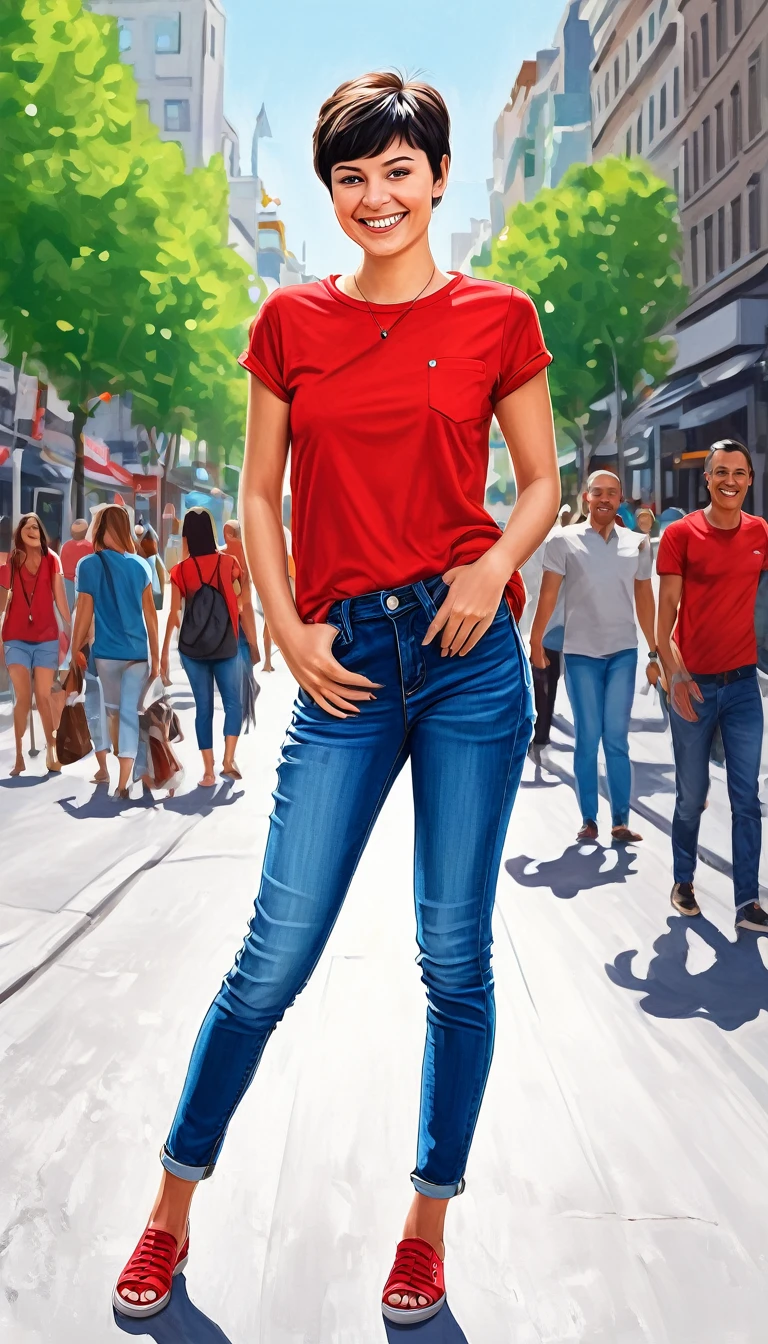 create a smiling girl with dark hair pixie cut with red shirt and jeans in a city in summer style illustration by Ali Erturk, High detail, HyperRealistic, natural light,illustration , bright colors
