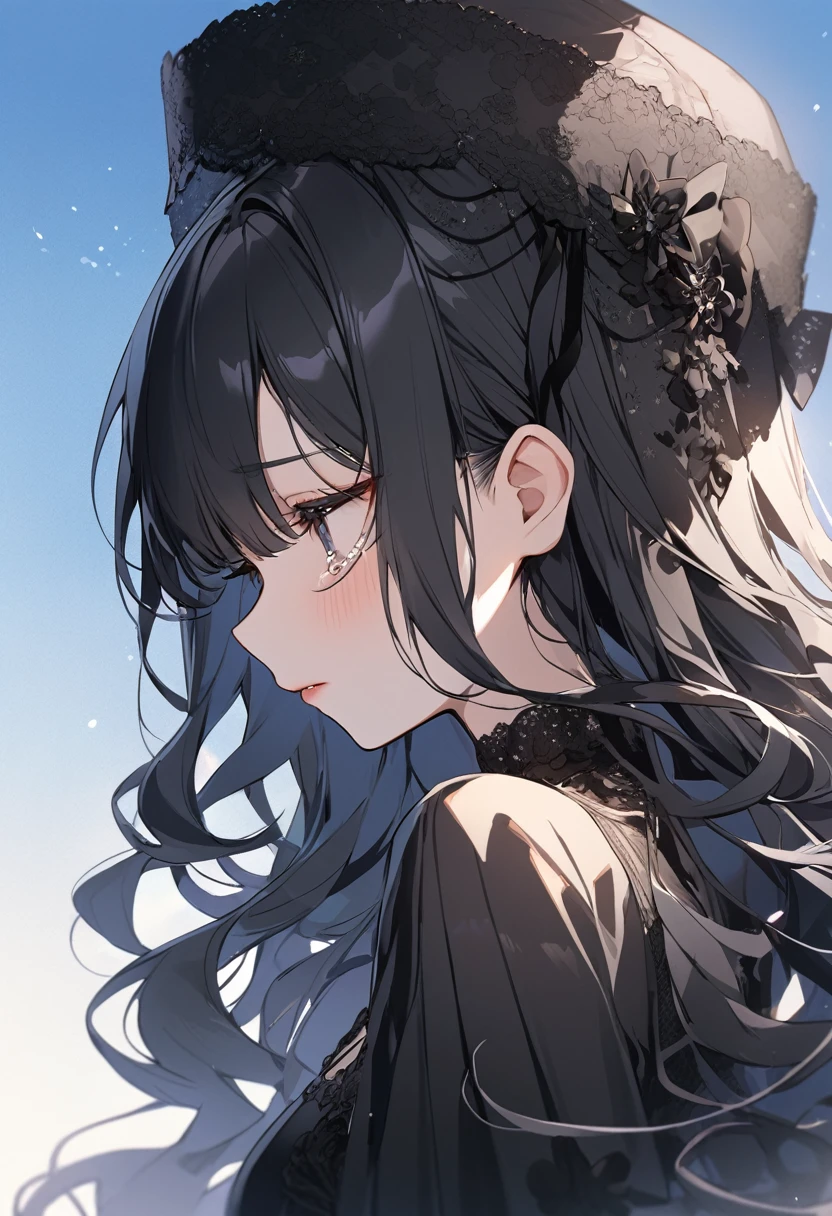 BREAK Perfect 、Highest quality、(cute:1.1)、(cute)、(High resolution:1.2)、Unbelievably absurd:1.3、Incredible illustrations、(cuteイラスト:1.2)、（Beautiful background、blue sky）、1gial(Black Hair、strong wavy hair、lipstick、Tears）（Black veiled hat、Black dress mourning）（Close your eyes and look down）（expressionless）（Profile、closeup-face）