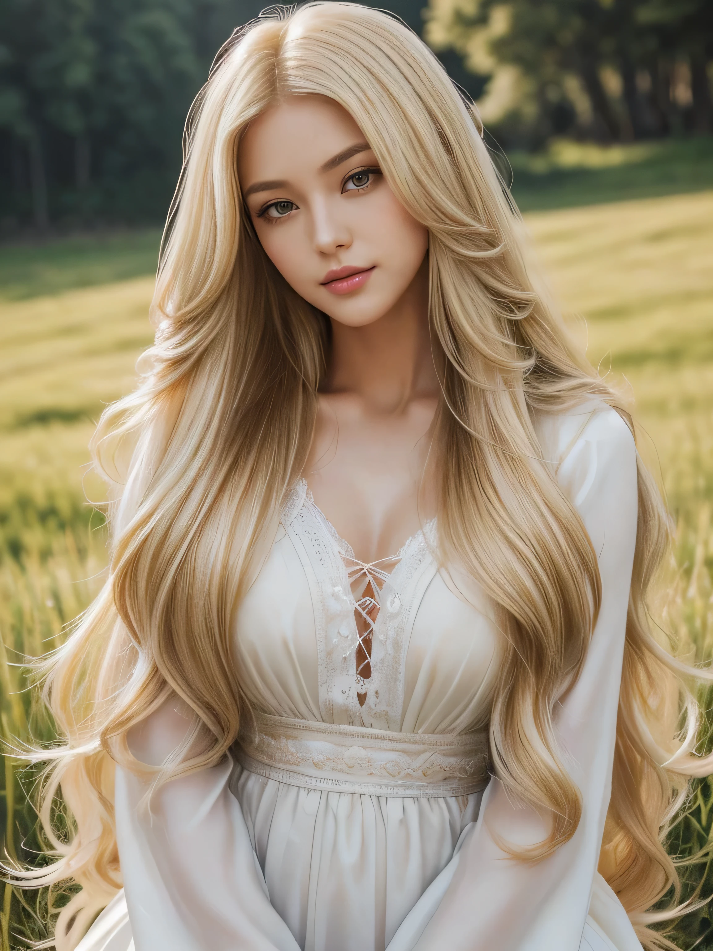 ((Waist up shot)) (She is wearing a gorgeous white Victorian dress..) (This is a European meadow in the 16th century.:1.5) (A gorgeous knight in a fighting pose with his sword:1.5) (Powerful expression) ((Highest quality)), ((masterpiece)), (Get used to it), Perfect Face (1 Girl) (French) (She is 24 years old、The most beautiful French fantasy girls ) ((Her hair is blonde:1.5)) ((Her hair is very wavy!!!)) ((Beautiful fantasy hero with long light blonde hair Very long hair down to the ankles!!!!! Highest quality The finest details long hair to the ankles!!!!!、Very long hair!!!!! It lasts forever:1.3 Flowing Hair!!!!! Very shiny そして thick hair Abnormally long hair that lasts forever!!!!! Flowing hair on both ends!!!!! long hair to the ankles!!!!! long hair to the ankles!!!!! Thick and shiny hair Very free hair Abnormally long hair!!!!! Beautiful silky hair Beautiful and shiny hair Beautiful and shiny hair Beautiful silky hair long hair to the ankles!!!!! Very very, Very long hair!!!!! Very very, Very long hair!!!!!)) (Highest quality The best ultra-fine Reaches up to the knee、Very long hair It lasts forever Flowing Hair Very shiny そして thick hair Abnormally long hair that lasts forever!!!!! Flowing hair on both ends!!!!! long hair to the ankles!!!!! long hair to the ankles!!!!! Thick and shiny hair Very free hair Abnormally long hair!!!!! Beautiful silky hair Super long hair down to the ankles!!!!! Beautiful and shiny hair Beautiful and shiny hair Beautiful silky hair Ankle-length hair Very veryVery long hair!!!!! Very veryVery long hair!!!!!)) (Her bangs are completely cut and parted in the center) (She's sexy, Professional Makeup Lipstick is bright red!!! The eyeliner is a beautiful black) Anatomically correct、Beautiful white human skin and、Detailed illustration of hands and fingers Beautiful Eyes Mouth Details the corners of the mouth rise slightly (Thin lips) good, Anatomically correct hand Anatomically correct five fingers Beautiful French girl face, French facial features Cool look (The eyebrows are dark brown in color) (She has the typical French complexion and build.)