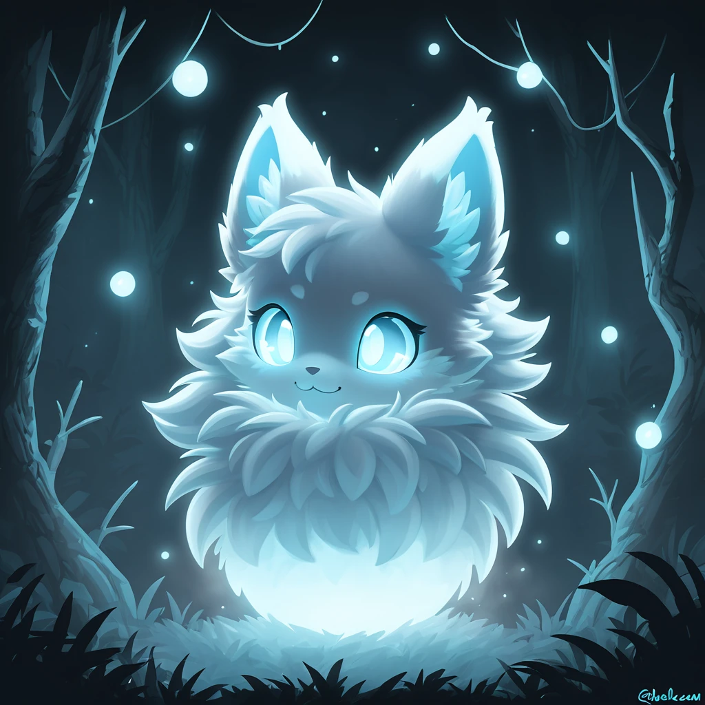 fluffy cute ball of mist ethereal with eyes that glow from the gloom in a dark forest