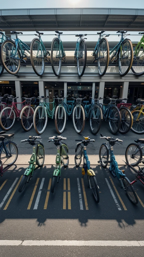 Create an original 3840 x 2160 resolution photo of 10 bicycles each with a different color in an order from smallest to largest bike in a row of a shopping center parking lot.