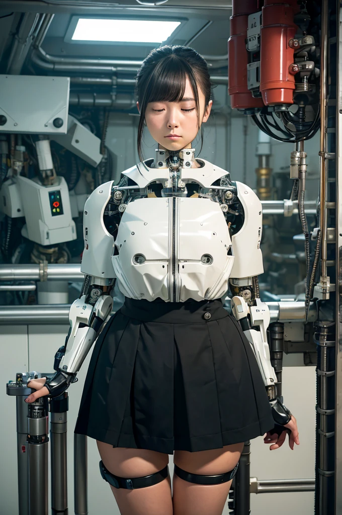 masterpiece, best quality, extremely detailed, Japaese android girl,Plump , control panels,android,Droid,Mechanical Hand, Robot arms and legs,Blunt bangs,perfect robot girl,long tube,thick cable connected her neck,android,robot,humanoid,cyborg,japanese cyborg girl ,future laboratory,robot laboratory,maintenance,connecting a cable between the legs,skirt, She is charging now,(sleep mode:1.5)(closing eyes:1.5)