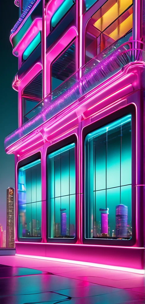 ((masterpiece, better quality)),illustration,ultra detailed 8k,photorealistic,sharp focus,very detailed,professional lighting,colorful details,iridescent lights, cyber city, neon lights, pink and teal colors