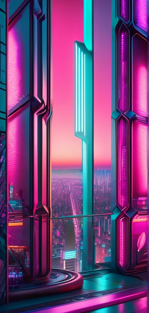 ((masterpiece, better quality)),illustration,ultra detailed 8k,photorealistic,sharp focus,very detailed,professional lighting,colorful details,iridescent lights, cyber city, neon lights, pink and teal colors