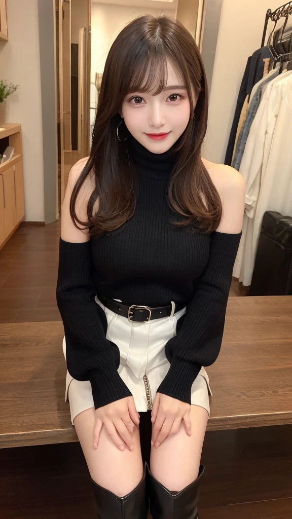 1 person、In detail, High resolution, Highest quality、Beautiful fine details, long hair, Natural color lip、Clear Skin、Shiny Hair、Tabletop, Super detailed, In detail, High resolution, 8K、Cute pose,Beautiful feet,Perfect beautiful face,KPOP idol faces,Ecstatic face、Cute face, smile、Seduce、I can see the valley、thigh boots、leather skirt、Off-the-shoulder sweater、belt、Selfie、Composition from above、whole body、Dressing room