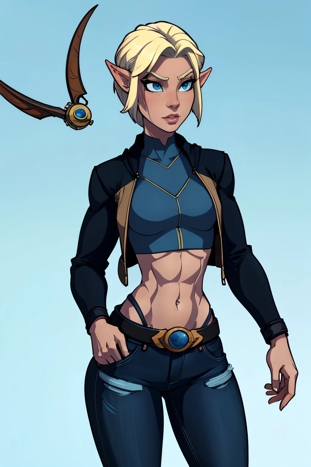 (Tomboy moon elf), face focus, space station background, thin body, slim, fit, dark blonde hair, tomboy pixie cut, blueeyes, adjatha, utility belt, cropped jacket, black tanktop, jean pants, SFW, dark elf, pale skin, bone horns