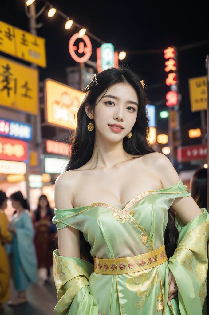 (((best quality))),(((ultra detailed))),(((masterpiece))),illustration,1girl,see through gauze Korean traditional Costume,slim,flat chest,cleavage,laughing, summer night,Korean city scape, street, neon signs, beautiful, vibrant, detailed facial features,medium hair, elegance, cultural atmosphere, bustling city, colorful advertisements, reflections, lively atmosphere, street food aroma
