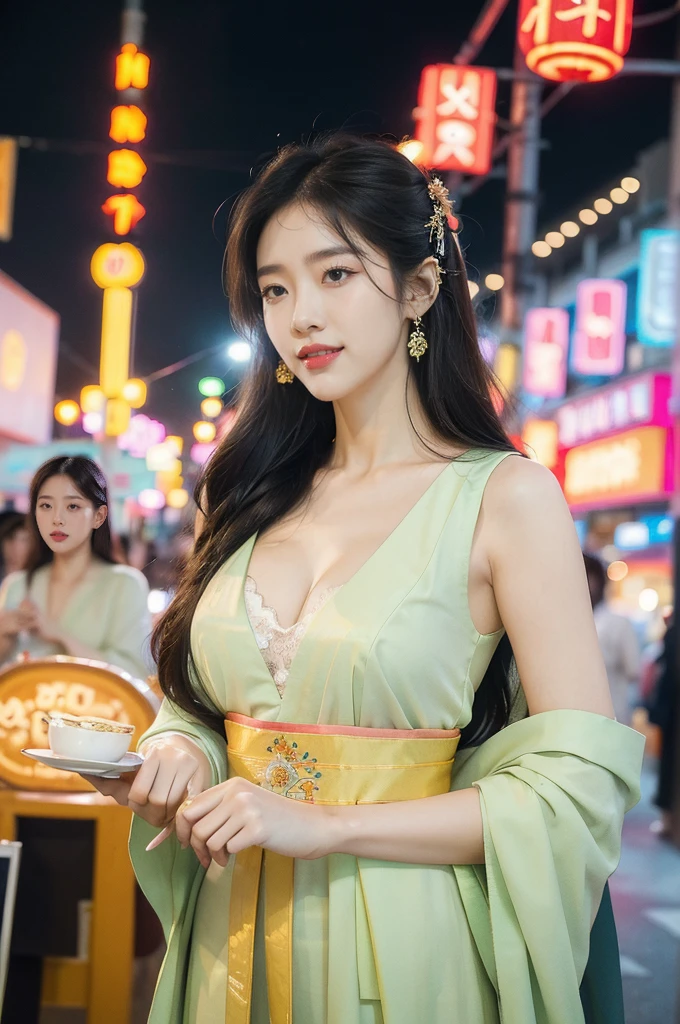 (((best quality))),(((ultra detailed))),(((masterpiece))),illustration,1girl,see through gauze Korean traditional Costume,slim,flat chest,cleavage,laughing, summer night,Korean city scape, street, neon signs, beautiful, vibrant, detailed facial features,medium hair, elegance, cultural atmosphere, bustling city, colorful advertisements, reflections, lively atmosphere, street food aroma
