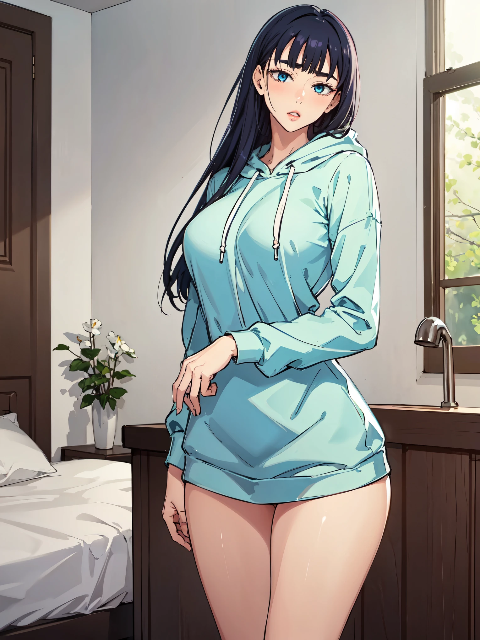 JooRidef, black hair, long hair, blue eyes, large breasts, 
1girl, solo, looking at viewer,Large hoodie, no pants
masterpiece, best quality, standing up, 4k, ultra hd, masterpiece, wallpaper, 26 year old woman, mature woman, perfect image, ultra sharp image, lips seperated, 3/4 body image, indoors, close up, long sleeve