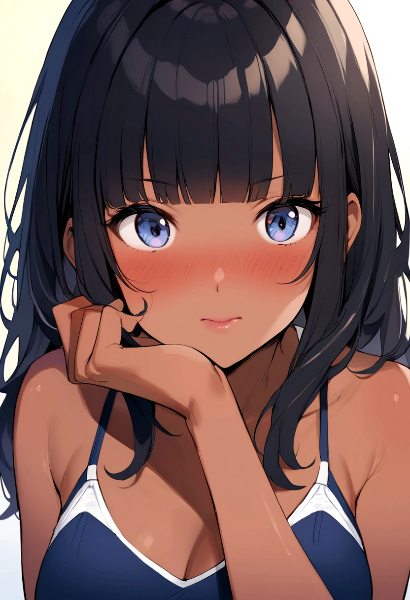 Sunburn、Tan Skin、Embarrassed、1 girl、Navy blue school swimwear、blunt bangs、Black Hair、super fine illustration,(((beautiful fine hair))),(((beautiful fine face))),(((beautiful fine background))),Midsummer、beachBlack Hair、blunt bangs、Cross-eyed