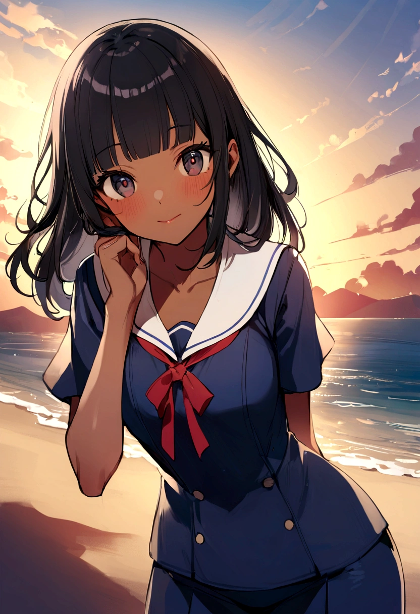 Sunburn、Tan Skin、Embarrassed、1 girl、Navy blue school swimwear、blunt bangs、Black Hair、super fine illustration,(((beautiful fine hair))),(((beautiful fine face))),(((beautiful fine background))),Midsummer、beachBlack Hair、blunt bangs、Cross-eyed