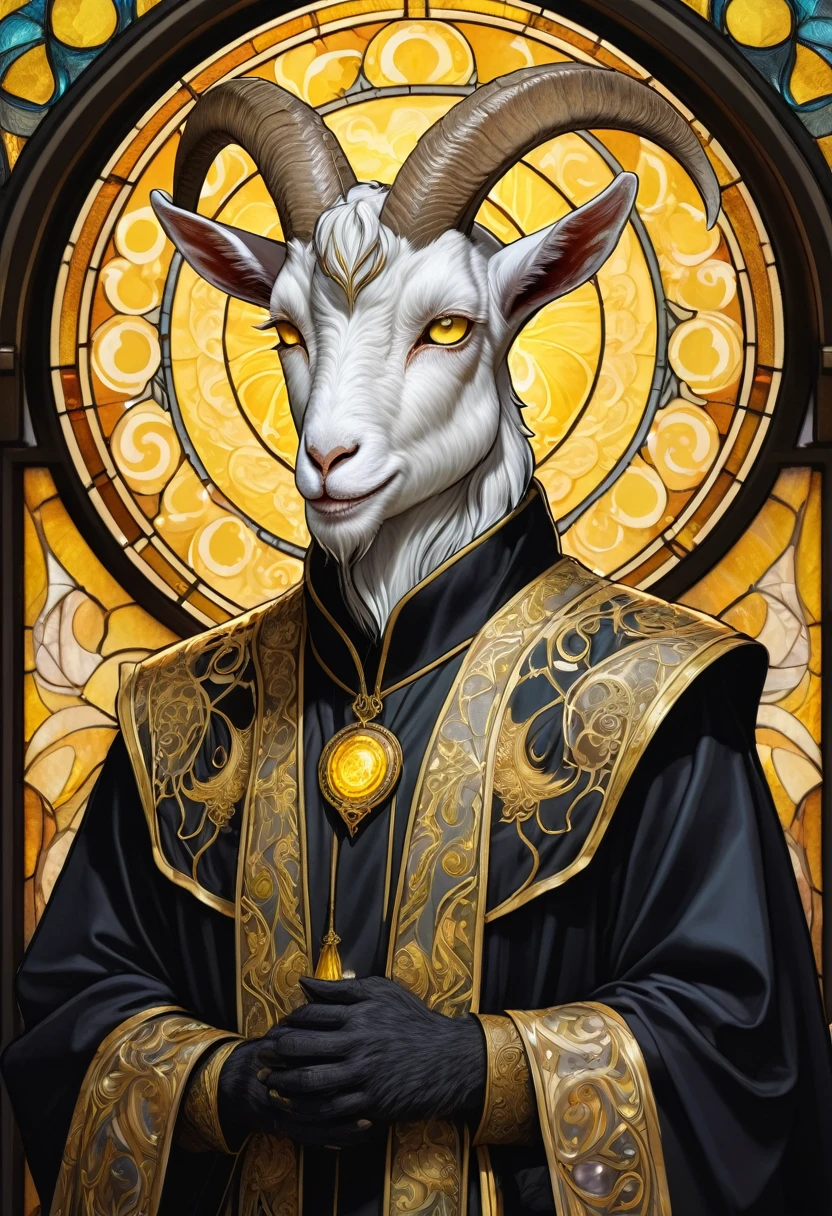 masterpiece, best quality, beautiful illustration, highly detailed drawing, (furry), (kemono), (anthro goat:1.3), male, (goat), a demon with spiral corners, (yellow eyes), black robe, cassock, intricately designed goldworks, cleric, priest, high fantasy, smug face, cinematic lighting, [stained glass], (Art Nouveau), portrait 