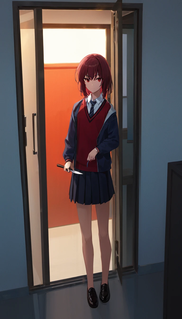 yandere woman, student aesthetics, with a knife in his hand, is standing in front of the door, It's yandere.