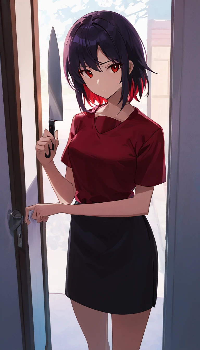 yandere woman, student aesthetics, with a knife in his hand, is standing in front of the door, It&#39;s yandere.