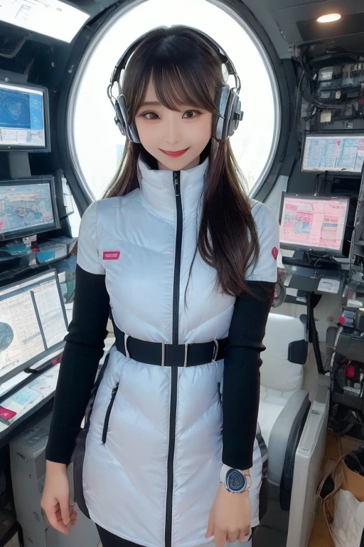 masterpiece, Highest quality, Very detailed, 8K Portrait,Japanese Android Girl,plump , Control panel,Robotic arms and legs, Blunt bangs,,break (Metallic Gray, Metallic luster, Mirror finish, Astro Best):5,headphone:5,break (Black sleeves):100,Smart Watches,Futuristic space station,Control Room,break headphone,blue eyes,(Black Hair):2,(Long Hair):1.3,Displaying the viewer,(respirator),break blush:3,Hidden Hand,smile