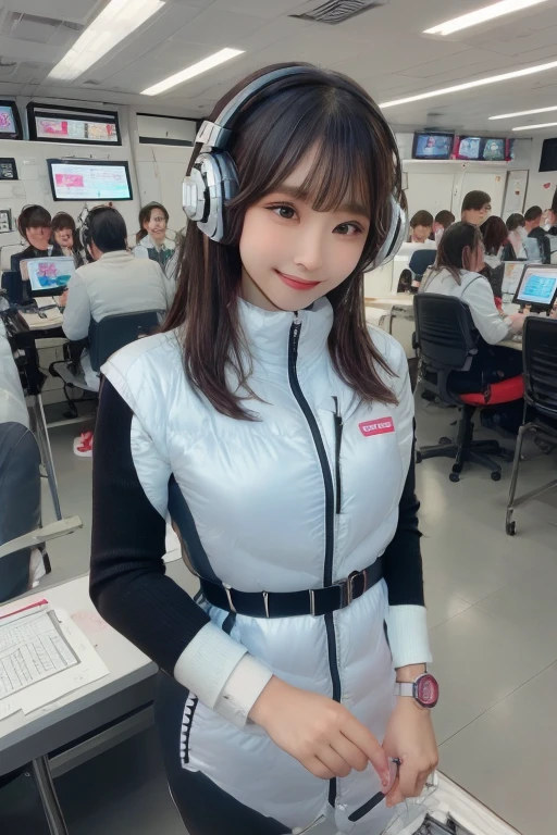 masterpiece, Highest quality, Very detailed, 8K Portrait,Japanese Android Girl,plump , Control panel,Robotic arms and legs, Blunt bangs,,break (Metallic Gray, Metallic luster, Mirror finish, Astro Best):5,headphone:5,break (Black sleeves):100,Smart Watches,Futuristic space station,Control Room,break headphone,blue eyes,(Black Hair):2,(Long Hair):1.3,Displaying the viewer,(respirator),break blush:3,Hidden Hand,smile