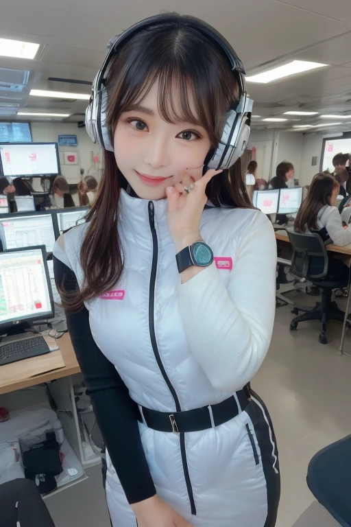 masterpiece, Highest quality, Very detailed, 8K Portrait,Japanese Android Girl,plump , Control panel,Robotic arms and legs, Blunt bangs,,break (Metallic Gray, Metallic luster, Mirror finish, Astro Best):5,headphone:5,break (Black sleeves):100,Smart Watches,Futuristic space station,Control Room,break headphone,blue eyes,(Black Hair):2,(Long Hair):1.3,Displaying the viewer,(respirator),break blush:3,Hidden Hand,smile