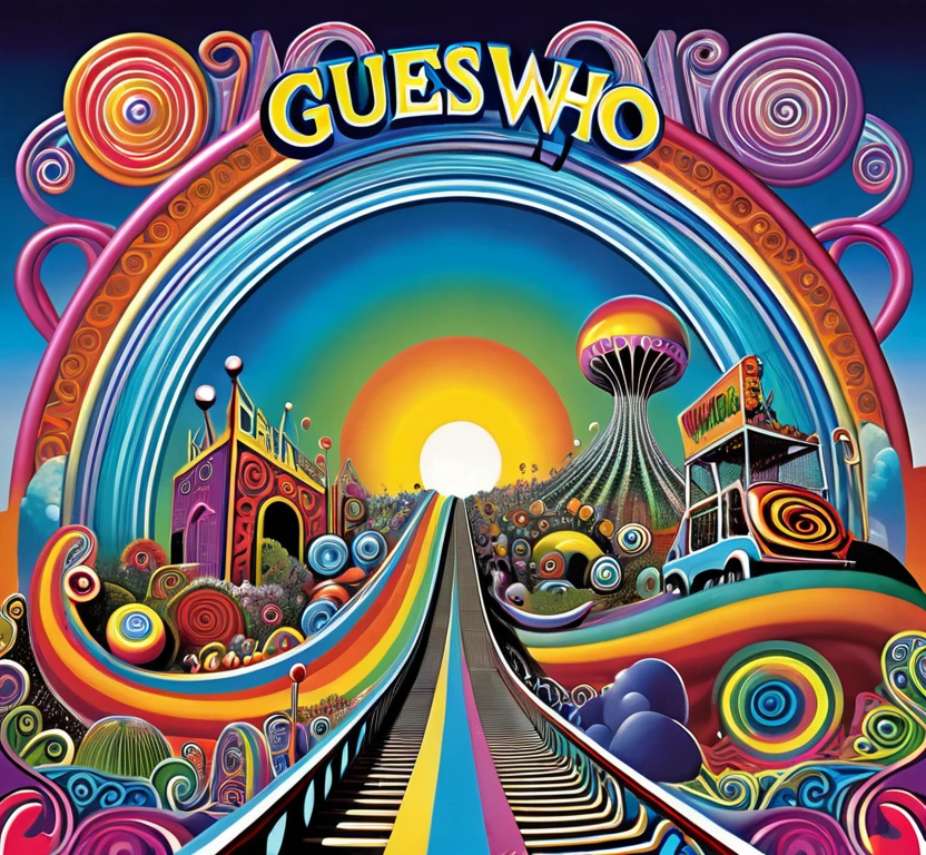 Album cover for The Guess Who, rock and roll psychedelic, hallucination, surreal, magical roller coaster, hyper color, doodle design, abstract