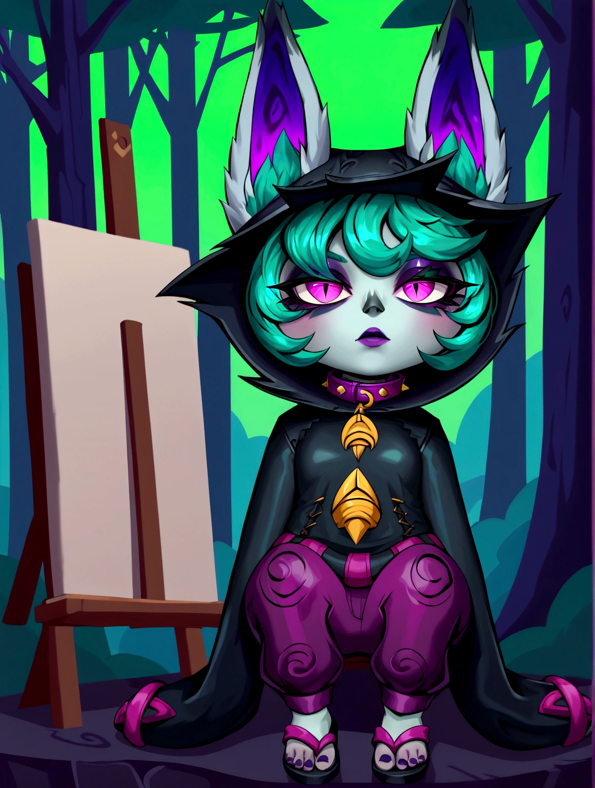 masterpiece,(best quality,top quality,8k),ultra detailed,painting,detailed eyes and face,(1girl),VexLoLXL, yordle, shortstack, pink eyes, green hair, bangs, short hair, grey skin, colored skin, black hood, hood up, ears through headwear, white animal ears, black shirt, purple collar, golden ornament, long sleeves, sleeves past wrists, purple pants, sandals,sitting, looking at viewer, forest,night